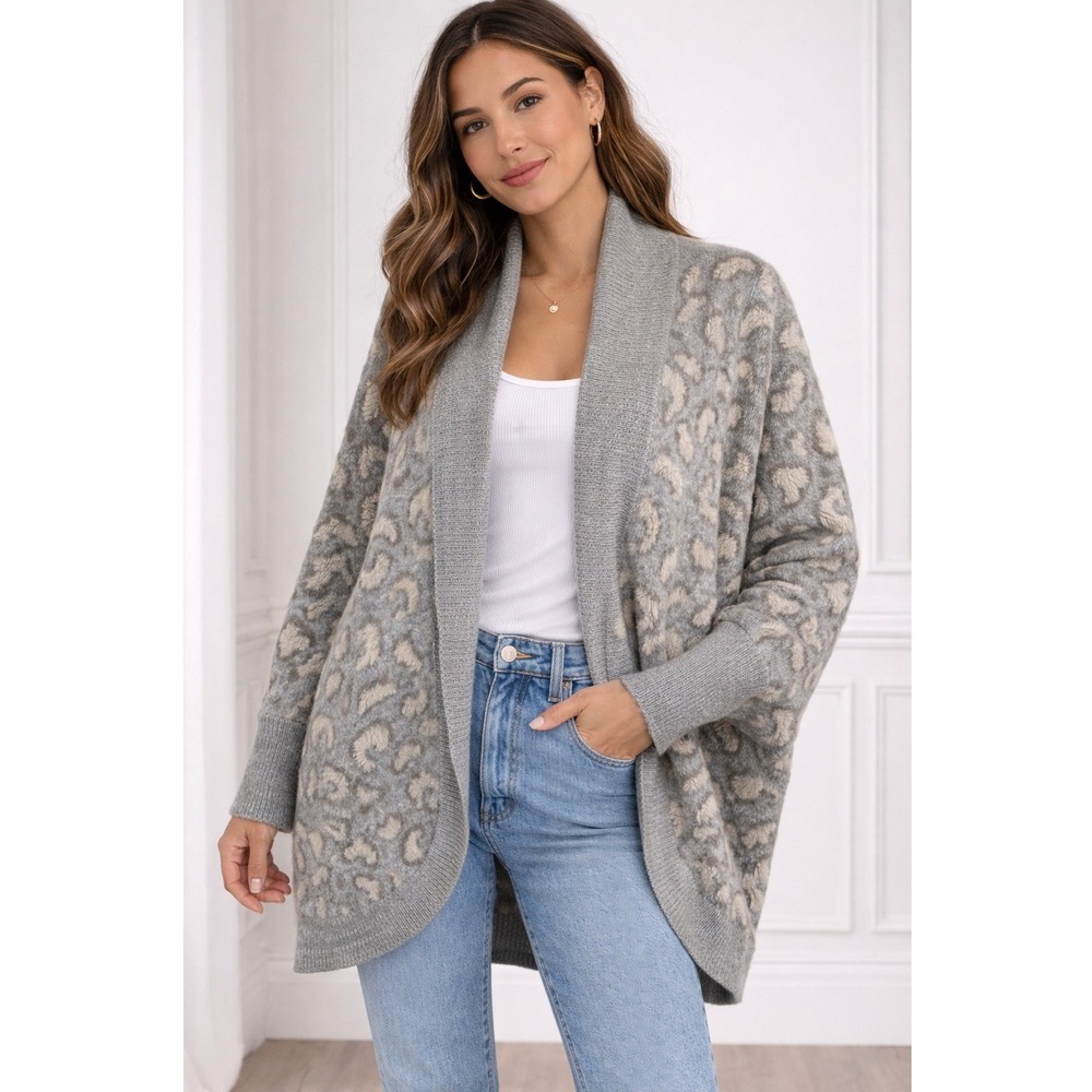 Anthropologie Akemi + Kin‎ Sweater OS Grey Leopard Oversized Open Front Cardigan